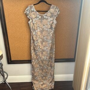 Xscape Cream and Tan Asymmetrical Sheath Dress with Flutter Sleeves